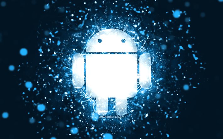 Android azul do logotipo, 4k, luzes de neon azuis, criativo, azul resumo de plano de fundo, Android logotipo, OS, Android