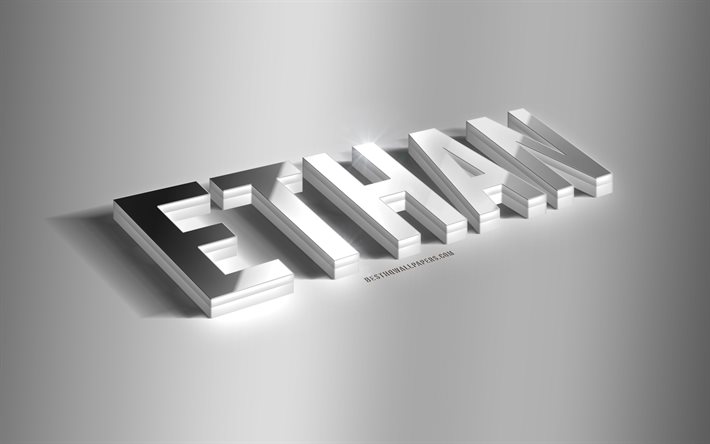 Ethan, argento 3d, arte, sfondo grigio, sfondi per il desktop con nomi, Ethan nome, Ethan biglietto di auguri, arte 3d, immagine con nome Ethan