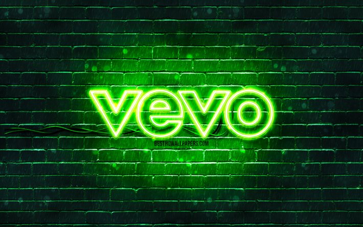 Vevo logo vert, 4k, vert brickwall, Vevo logo, marques, Vevo n&#233;on logo, Vevo