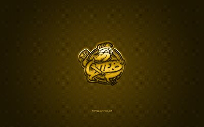 Erie Otters, American ice hockey club, OHL, gold logo, yellow carbon fiber background, Ontario Hockey League, ice hockey, Erie, Pennsylvania, USA, Canada, Erie Otters logo