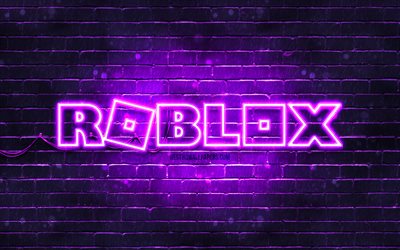 Roblox violet logo, 4k, violet brickwall, Roblox logo, online games, Roblox neon logo, Roblox