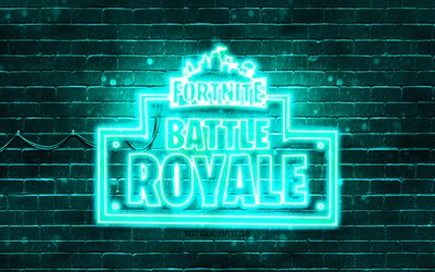 Fortnite Battle Royale turquoise logo, 4k, turquoise brickwall, Fortnite Battle Royale logo, online games, Fortnite Battle Royale neon logo, Fortnite Battle Royale