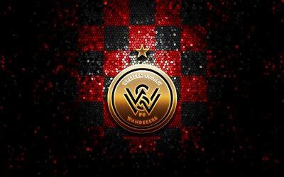 WS Wanderers FC, glitter logotyp, A-League, r&#246;d och svart rutig bakgrund, fotboll, australian football club, WS Wanderers logotyp, Australien, mosaik konst, Western Sydney Wanderers
