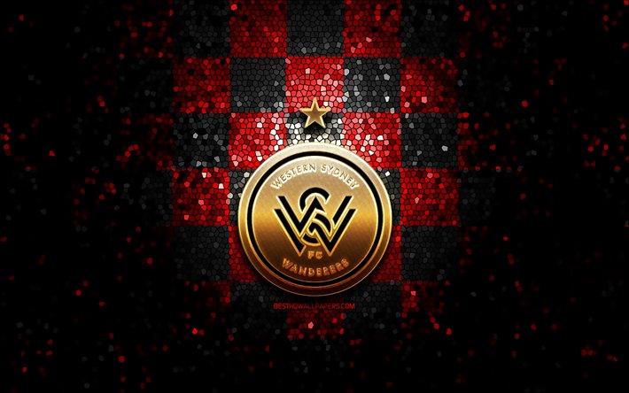 WS Wanderers FC, glitter, logo, A-League, rosso, nero, sfondo a scacchi, calcio, australian football club, WS Wanderers logo, Australia, mosaico di arte, di calcio, Western Sydney Wanderers