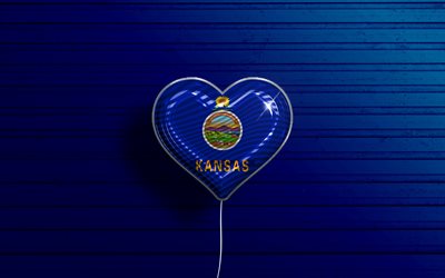 Eu Amo Kansas, 4k, realista bal&#245;es, de madeira azul de fundo, Estados unidos da Am&#233;rica, Kansas bandeira cora&#231;&#227;o, bandeira do Kansas, bal&#227;o com sinalizador, Estados americanos, Amor Kansas, EUA