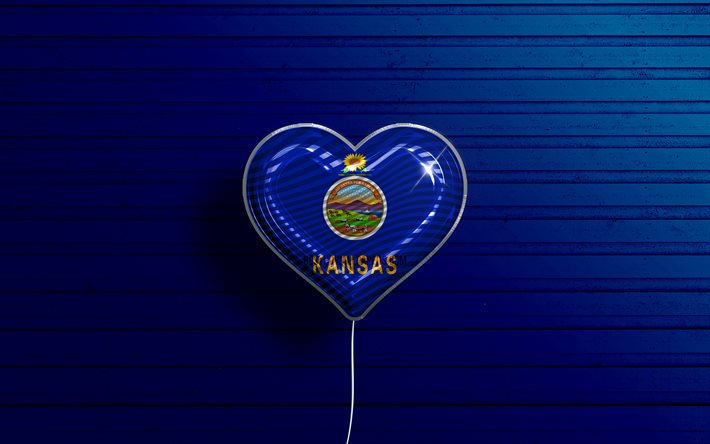 أنا أحب كانساس, 4k, واقعية البالونات, الأزرق خلفية خشبية, الولايات المتحدة الأمريكية, كانساس العلم القلب, العلم كانساس, البالون مع العلم, الدول الأمريكية ،, الحب كانساس