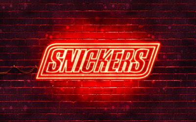 Snickers kırmızı logo, 4k, kırmızı brickwall, Snickers logo, marka, logo, neon Snickers, Snickers
