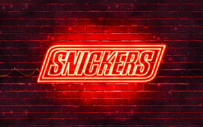 سنيكرز الشعار الأحمر, 4k, الأحمر brickwall, سنيكرز شعار, العلامات التجارية, سنيكرز النيون شعار, سنيكرز