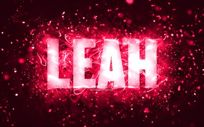 お誕生日おめでLeah, 4k, ピンクのネオン, Leah名, 創造, Leahお誕生日おめで, Leah誕生日, 人気のアメリカ女性の名前, 写真のLeah名, Leah