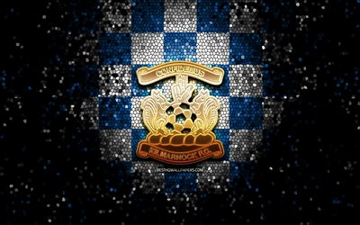 Kilmarnock FC, glitter logotipo, Escoc&#234;s Premiership, azul, branca, fundo quadriculado, futebol, clube de futebol escoc&#234;s, Kilmarnock logotipo, arte em mosaico