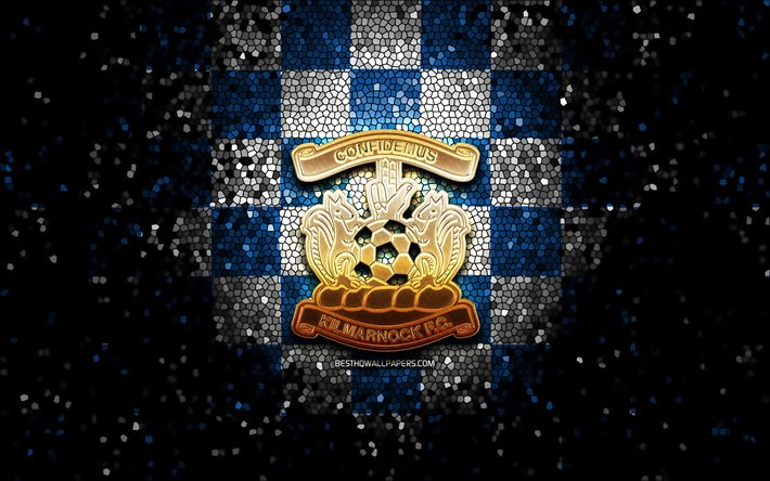 Kilmarnock FC, glitter logo, İsko&#231; Premiership, mavi beyaz kareli arka plan, futbol, İsko&#231; Futbol Kul&#252;b&#252;, Kilmarnock logo, mozaik sanatı, FC Kilmarnock