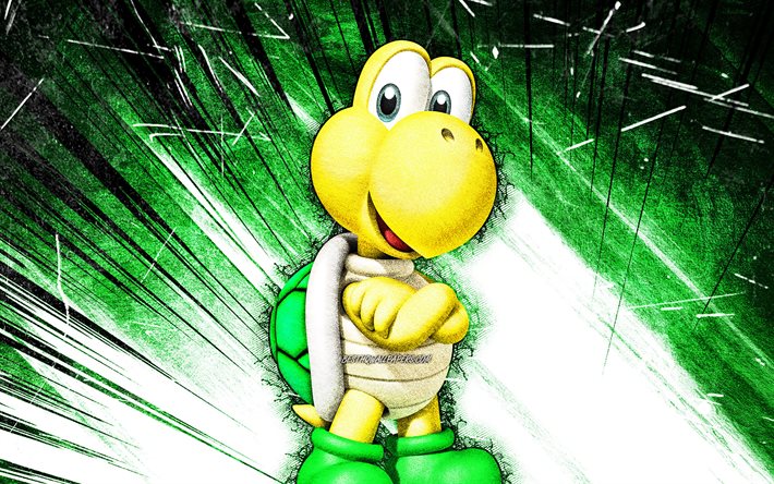 4k, Koopa Troopas, grunge art, Super Mario, dessin anim&#233; dinosaure, vert, abstrait, les rayons, les personnages de Super Mario, Koopa Troopas dans Super Mario