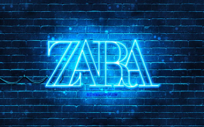 Zara blue logo, 4k, blue brickwall, Zara logo, fashion brands, Zara neon logo, Zara