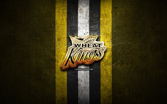 Brandon Wheat Kings, golden logo, WHL, yellow metal background, canadian hockey team, Brandon Wheat Kings logo, hockey, Canada