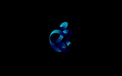 Apple blue logo, 4k, minimalism, black background, Apple abstract logo, Apple 3D logo, creative, Apple