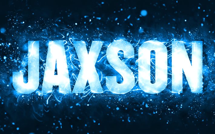 お誕生日おめでJaxson, 4k, 青色のネオン, Jaxson名, 創造, Jaxsonお誕生日おめで, Jaxson誕生日, 人気のアメリカの男性の名前, 写真Jaxson名, Jaxson