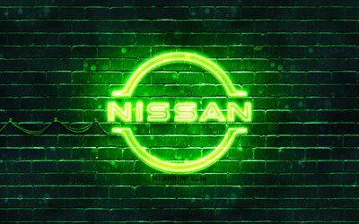 Nissan yeşil logo, 4k, yeşil brickwall, Nissan logo, otomobil markaları, Nissan neon logo, Nissan