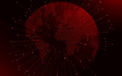 Red digital globe, Red digital background, global networks, dots globe silhouette, digital technology, Red technology background