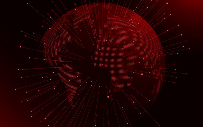 Punainen digital globe, Punainen digitaalinen tausta, maailmanlaajuisten verkkojen, pisteit&#228; globe siluetti, digitaalinen tekniikka, Punainen teknologia tausta