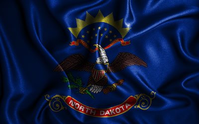 North Dakota flag, 4k, silk wavy flags, american states, USA, Flag of North Dakota, fabric flags, 3D art, North Dakota, United States of America, North Dakota 3D flag, US states