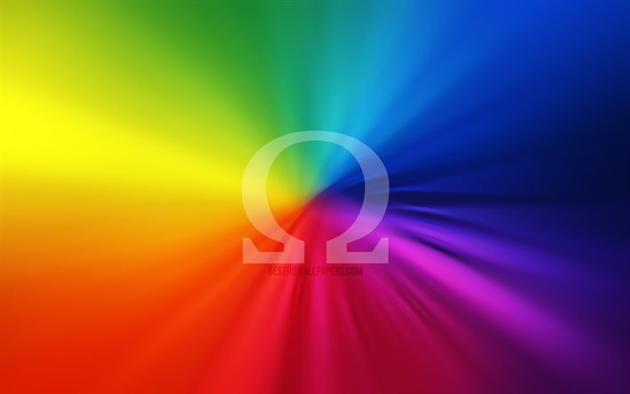 オメガのロゴ, 4k, 渦, 虹の背景, 創造, 作品, ブランド, オメガ