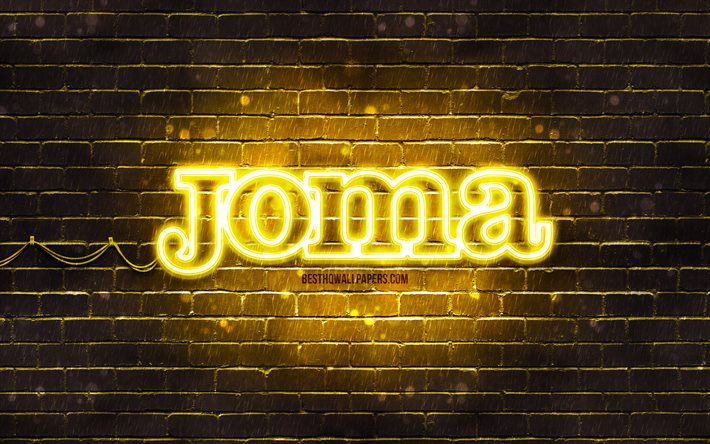 Joma keltainen logo, 4k, keltainen tiilisein&#228;, Joma logo, urheilubr&#228;ndit, Joma neon logo, Joma