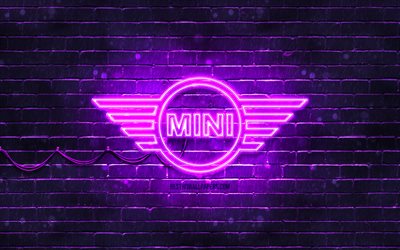 Mini logo viola, 4k, muro di mattoni viola, logo Mini, marchi di auto, logo Mini neon, Mini