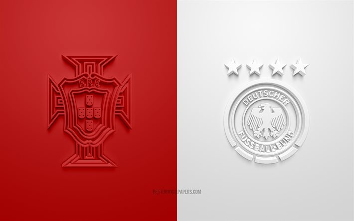 Portugal vs Alemania, Eurocopa 2020, Grupo F, Logotipos en 3D, fondo blanco rojo, partido de f&#250;tbol, selecci&#243;n de f&#250;tbol de Portugal, selecci&#243;n alemana de f&#250;tbol