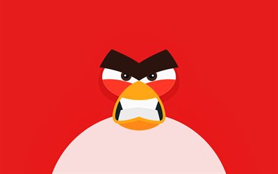 red angry birds, 4k, m&#237;nimo, fondo rojo, creativo, personajes de angry birds, angry birds