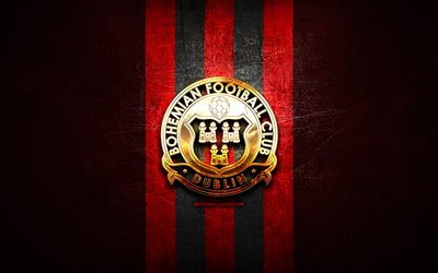 Bohemians FC, golden logo, League of Ireland Premier Division, red metal background, football, irish football club, Bohemians FC logo, soccer, FC Bohemians