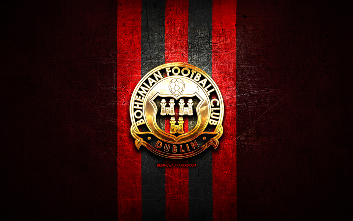 ボヘミアンfc, 金色のロゴ, リーグオブアイルランドプレミアディビジョン, 赤い金属の背景, フットボール, アイルランドのサッカークラブ, ボヘミアンfcのロゴ, サッカー, fcボヘミアン