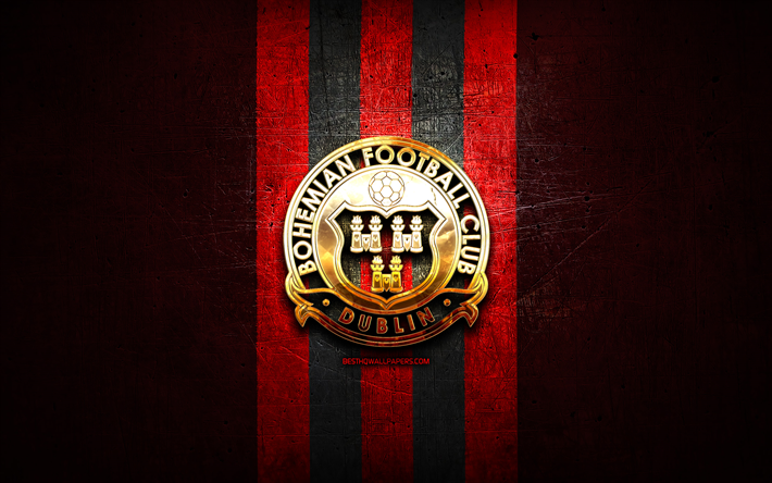 bohemians fc, logotipo dorado, primera divisi&#243;n de la liga de irlanda, fondo de metal rojo, f&#250;tbol, ​​club de f&#250;tbol irland&#233;s, logotipo de bohemians fc, ​​fc bohemians