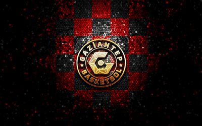 Gaziantep Basketbol, glitter logo, Basketbol Super Ligi, red black checkered background, basketball, turkish basketball team, Gaziantep Basketbol logo, mosaic art, Turkey