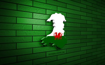 ウェールズの地図, 4k, 緑のレンガの壁, 欧州諸国, ウェールズの地図のシルエット, ウェールズの旗, ヨーロッパ, ウェールズ, ウェールズの3dマップ