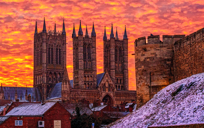 Lincoln Cathedral, 4k, sunset, Lincoln Minster, Cathedral Church of the Blessed Virgin Mary of Lincoln, HDR, Gothic architecture, Minster Yard, Lincoln, United Kingdom