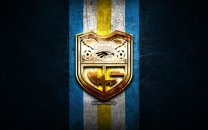 カルロススタインfc, 金色のロゴ, リーガ1アペルトゥーラ, 青い金属の背景, フットボール, ペルーのサッカークラブ, fcカルロススタインのロゴ, サッカー, fcカルロススタイン