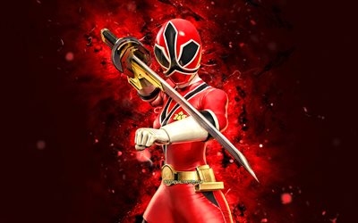 lauren shiba, 4k, rote neonlichter, power rangers, kreativ, power rangers super samurai, lauren shiba power rangers