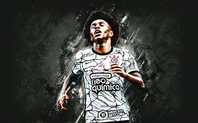 Willian, Corinthians, Brazilian soccer player, midfielder, white stone background, football, Brazil, Willian Borges da Silva, Sport Club Corinthians Paulista
