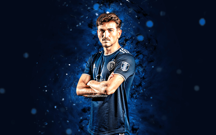 Marinos Tzionis, 4k, MLS, Sporting Kansas City FC, Cypriot footballers, blue neon lights, soccer, football, Sporting KC, Marinos Tzionis 4K, Marinos Tzionis Sporting Kansas City