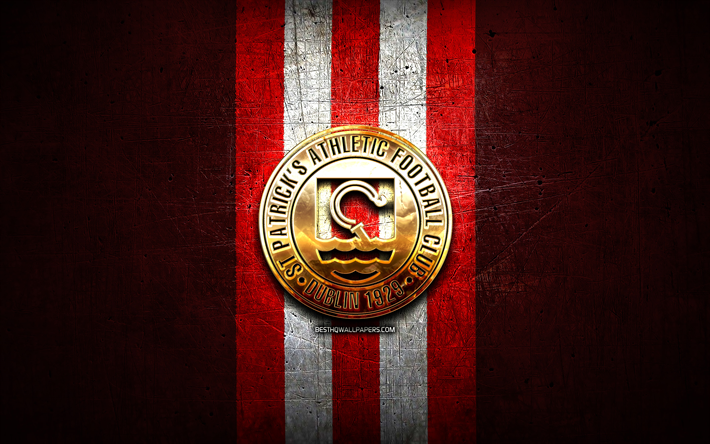 St Patricks Athletic FC, golden logo, League of Ireland Premier Division, red metal background, football, irish football club, St Patricks Athletic FC logo, soccer, FC St Patricks Athletic