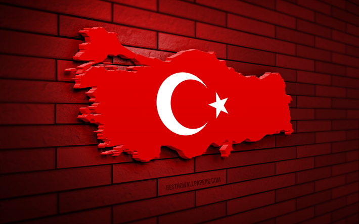 turkietkarta, 4k, r&#246;d tegelv&#228;gg, europeiska l&#228;nder, turkiets kartsiluett, turkiets flagga, europa, turkisk karta, turkisk flagga, turkiet, turkisk 3d-karta