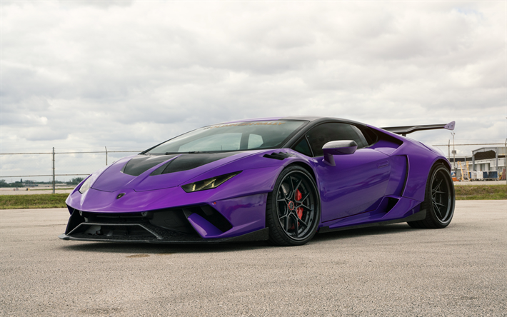 4k, Lamborghini Huracan Performante, front view, evening, exterior, purple Huracan, Huracan tuning, supercar, Italian sports cars, Lamborghini