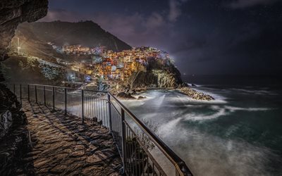 Manarola, evening, storm, Cinque Terre, Manarola bay, Ligurian Sea, Manarola panorama, Manarola city, Italy