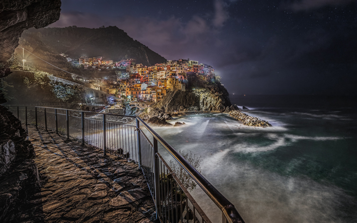 manarola, sera, tempesta, cinque terre, baia di manarola, mar ligure, panorama di manarola, citt&#224; di manarola, italia