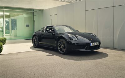 2022, Porsche 911 Targa 4 GTS, 50th Anniversary Edition, 4k, front view, black coupe, black Porsche 911, german sports cars, Porsche