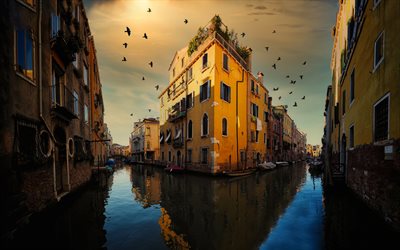 venedig, kv&#228;ll, solnedg&#229;ng, byggnader, venedigs kanaler, venedig stadsbild, italien