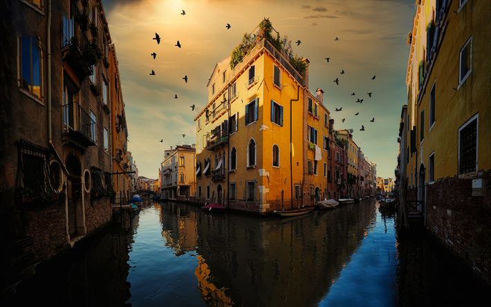 venise, le soir, le coucher du soleil, les b&#226;timents, les canaux de venise, le paysage urbain de venise, l italie