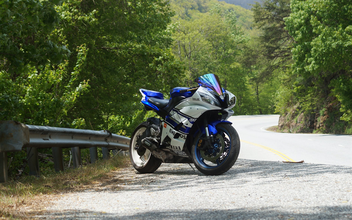 yamaha yzf-r6, vista de frente, motos deportivas japonesas, azul y blanco yzf-r6, yamaha