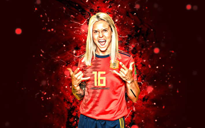 maria leon, 4k, 2022, kırmızı neon ışıklar, ispanya kadın milli futbol takımı, fan sanat, futbol, ​​kadın futbolu, ispanyol kadın futbol takımı, maria leon 4k