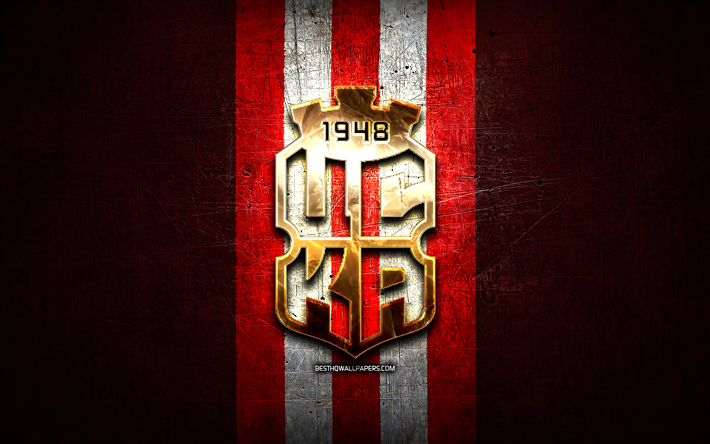cska1948ソフィアfc, 金色のロゴ, パルバリガ, 赤い金属の背景, フットボール, ブルガリアのサッカークラブ, cska1948ソフィアのロゴ, サッカー, fccska1948ソフィア